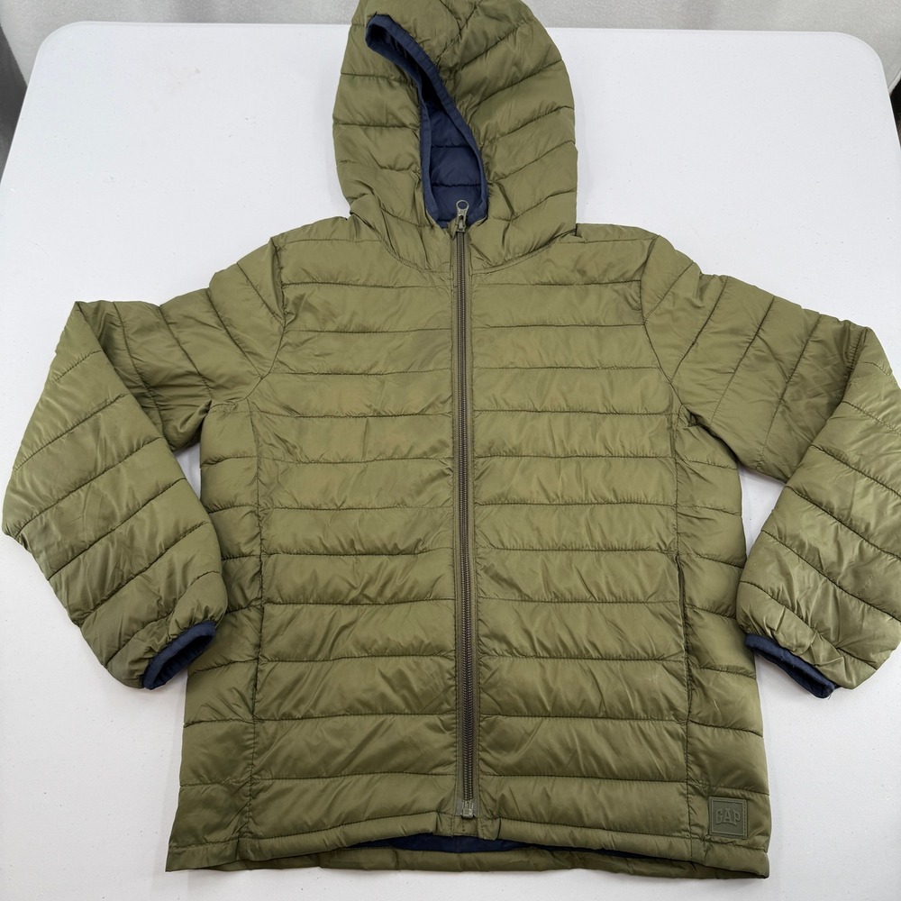 Gap Puffer Jacket Kids M 8-10 Army Green Lightweight Hooded Primaloft P.U.R.E.
